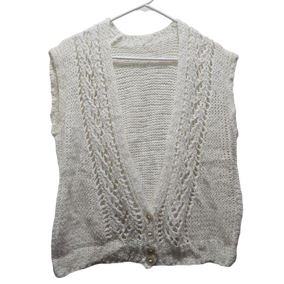 Vintage White Sweater Vest Sleeveless Hand Knitted Handmade Size S Grandma - Picture 1 of 6